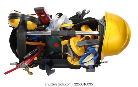 Many different tools in box isolated on white