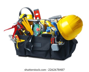 Many different tools in box isolated on white