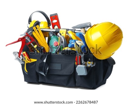 Many different tools in box isolated on white