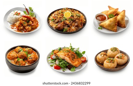 Many different types of Indian dishes, Assorted food collection set. Butter chicken, chicken curry with rice, biryani, samosa, kofta curry, salmon with vegetables, pani puri, Close up food plates. 