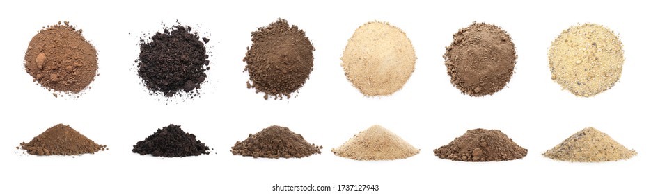 Many different types of soil on white background