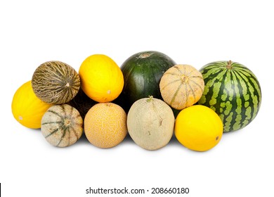 Many different varieties of melons isolated on white Background