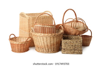 Many different wicker baskets isolated on white