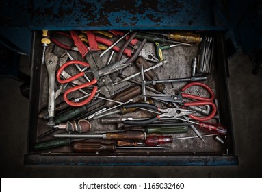 Many Different Work Tools In Blue Grudge Steel Drawer