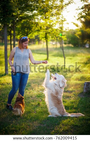 Similar – Image, Stock Photo Loving young woman offered a paw by her dog