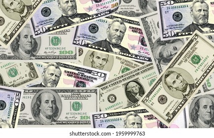 Many Dollar Bills. Concept Of Dollar Federal Minimum Wage Increase.