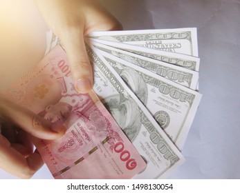  Many Dollars Money Fading Counterfeit Money Thai Baht White Background Corruption Living Expenses Mobile Money Paid                              