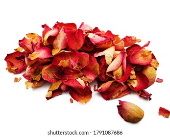 Many dried pink rose petals make up isolated on white background