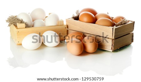 Many eggs in boxes isolated on white