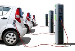 Many Electric Cars  On Charging Station Isolated On White, Electric Car Fleet On Charger