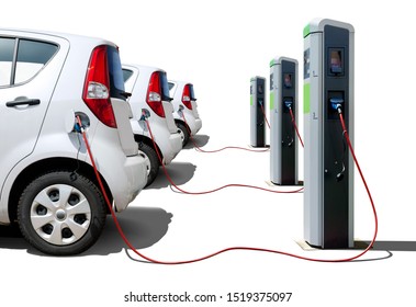 Many electric cars  on charging station isolated on white, electric car fleet on charger