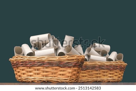 Many empty tissue paper roll cores in wicker baskets on wooden table  with green wall background, Waste management and recycle concept