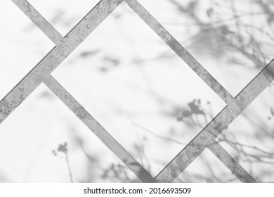 Many empty white vertical rectangle poster or card mockups lying diagonally with soft tree leaves and branches shadows on neutral light grey concrete wall background. Flat lay, top view