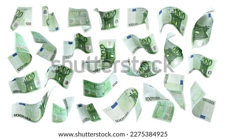 Many euro banknotes flying on white background