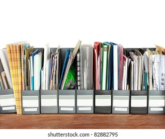 many filing cabinets in an office isolated on white background
