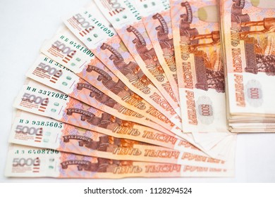 Many five thousandth notes. Russian rubles. Fan of money