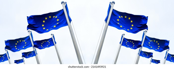 many flags in a row. set of European flags on a flagpole waving in blue  sky backdrop. European Union. isolated on white background. European Union flag waving on white background. 