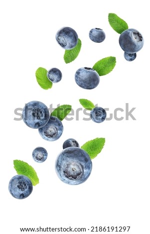 Many flying blueberries on white background