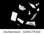 Many flying business documents isolated on black background Papers flying in air in business concept