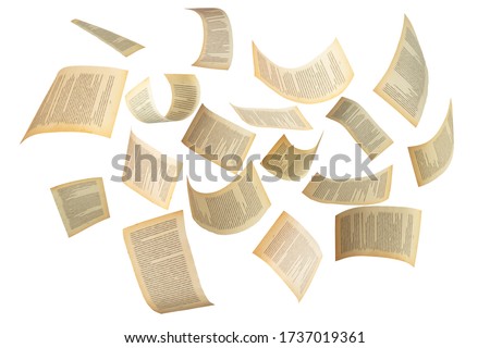 Many flying pages isolated on white background. Abstract and creative shot for editing photos. 