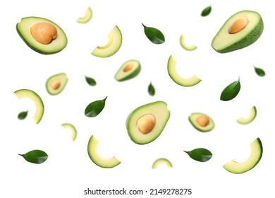 Many Fresh Cut Avocados And Leaves Isolated On White