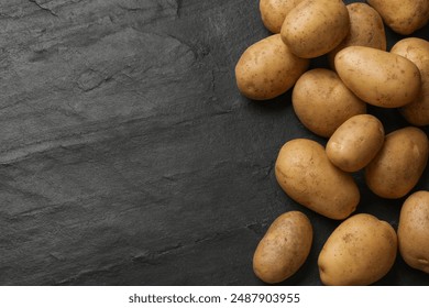 Many fresh potatoes on black textured table, top view. Space for text