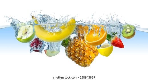 many fruits splashes into water - Powered by Shutterstock