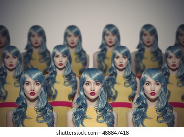 Many Glamour Beauty Woman Clones. Identical Crowd Concept. On Gray Background. - Shutterstock ID 488847418