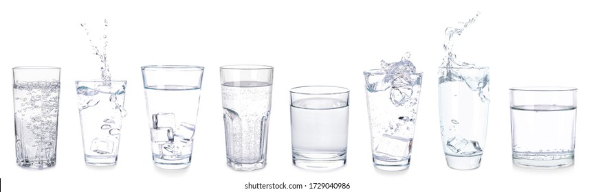 Many Glasses Of Fresh Water On White Background