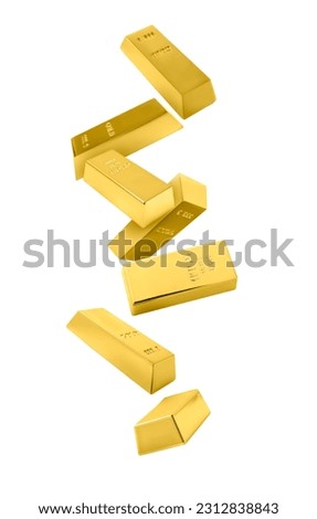 Many gold bars falling on white background
