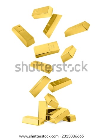 Many gold bars falling on white background