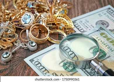 many golden and silver jewerly and money, pawnshop concept, jewerly shop concept