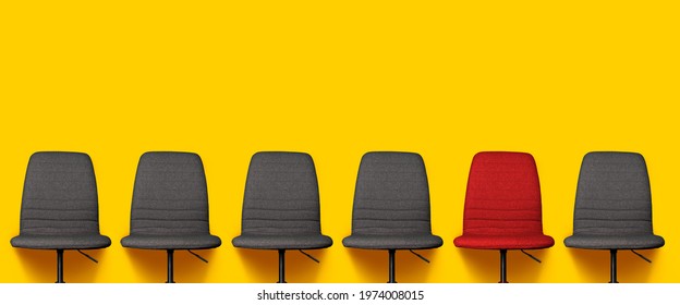 Many Gray Office Chairs And One Red Chair On A Yellow Background. Banner. 