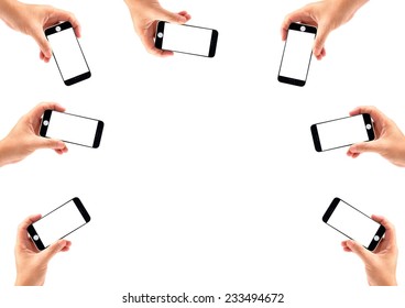 Many Hand Holding Cell Phone Business Isolated On White