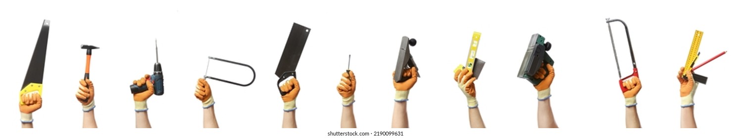 Many hands with different carpenter's tools on white background - Shutterstock ID 2190099631