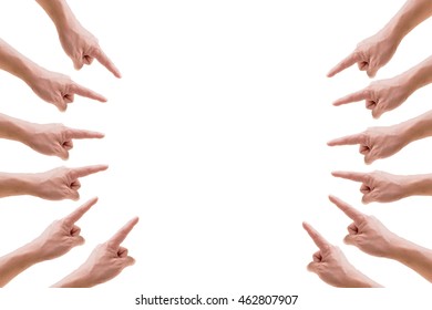 Many hands fingers pointing with index fingers at something, to the center isolated on white background, copy space. 