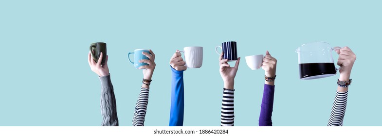 many hands holding coffee cups  - Powered by Shutterstock