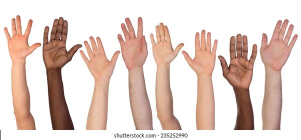Many hands up isolated on white background