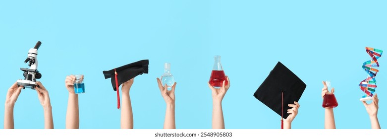 Many hands with laboratory glassware, microscope, DNA model and graduation hats on light blue background - Powered by Shutterstock