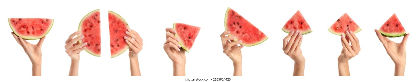 Many hands with pieces of juicy watermelon isolated on white - Powered by Shutterstock