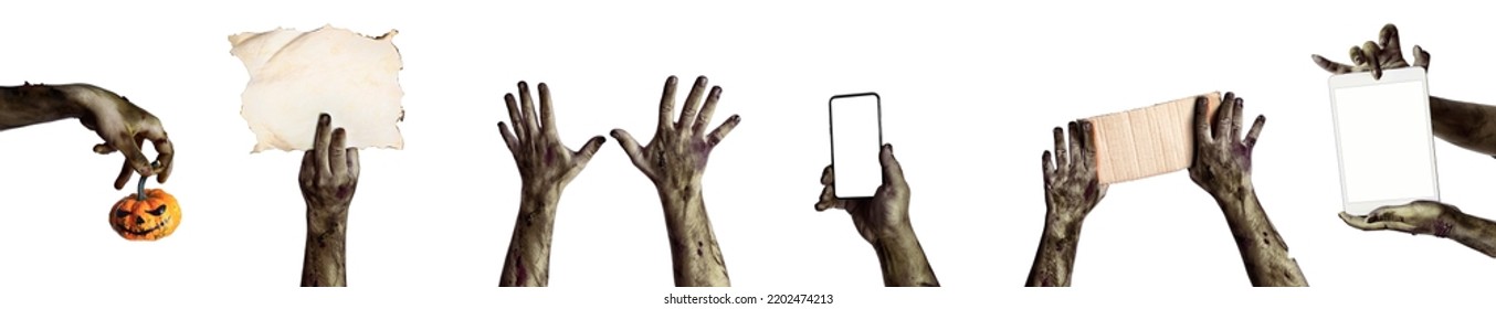 Many hands of scary zombies holding different objects on white background - Shutterstock ID 2202474213