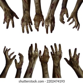 Many hands of scary zombies isolated on white 