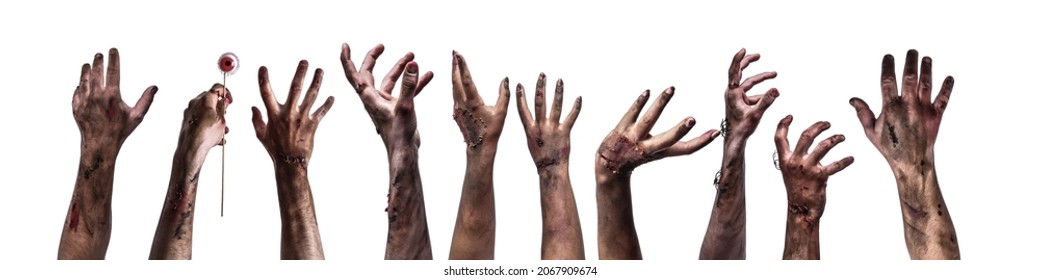 Muchas manos de temibles zombis sobre fondo blanco
