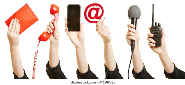 Many hands showing different ways of communication like mail, phone or internet - Shutterstock ID 346589825