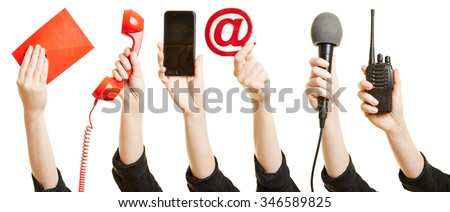 Many hands showing different ways of communication like mail, phone or internet
