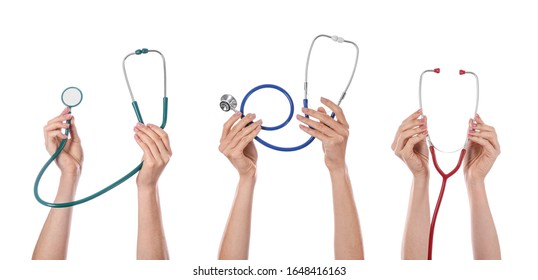 Many hands with stethoscopes on white background - Shutterstock ID 1648416163