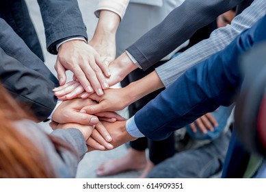 Many Hands Of Young Business  People Join Together Concept. Everybody Show Power In The Office  Promise To  Trust, Respect, Reliable And Integrity In Their Work. 