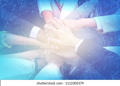 Many Handshake Of Young Arab Business People Join Hug Team Work Out Office . This Hand Of Group Corporate Mix Partnership Multiple Ethnicity. Teamwork Is Importance For Successful Of Business Model.