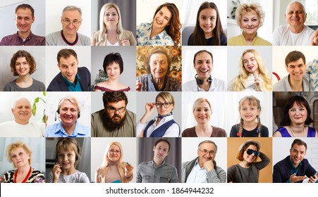 Many happy diverse ethnicity different young and old people group headshots in collage mosaic collection. Lot of smiling multicultural faces looking at camera. Human resource society database concept. - Shutterstock ID 1864944232