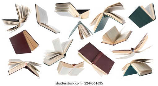 Many hardcover books falling on white background - Shutterstock ID 2244561635